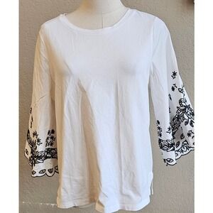 Chicos Boho Embellished Eyelet Sleeve Pullover Top Women‎ Size 1 Medium White